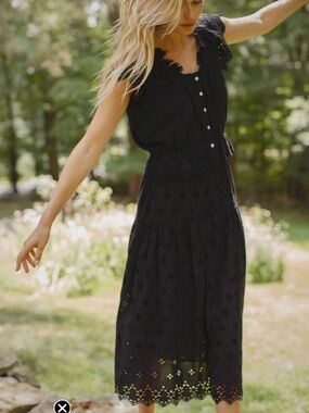 Marea Black Eyelet Tiered Maxi Skirt with Scalloped Hem